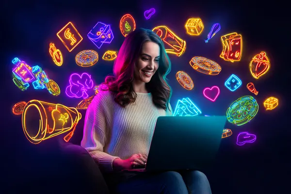 2G777 Games — Discover modern slots and table adventures A man celebrating a winning moment on his laptop while gaming symbols float around him, capturing the excitement of 2G777 games.